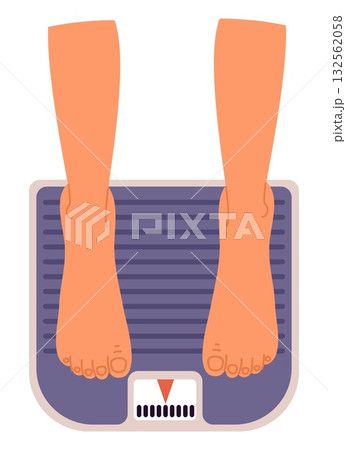 Womens bare feet standing on scales top view. Weight measurement. Slimming or obesity. Mass weighing equipment. Female legs. Overweight control instrument. Kilogram meter. Vector concept Womens bare feet standing on scales top view. Weight measurement. Slimming or obesity. Mass weighing equipment. Female legs. Overweight control instrument. Kilogram meter. Vector concept 132562058