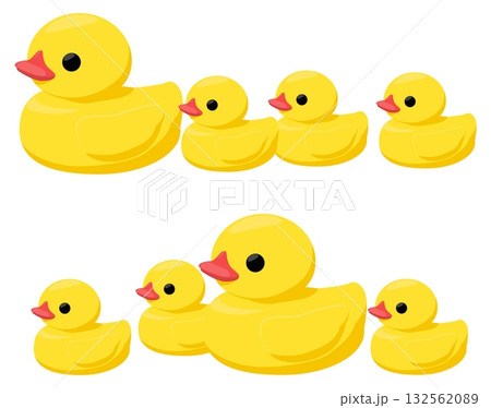 Yellow rubber ducks. Ducky family. Baby bathroom game. Isolated plastic birds floating on water. Animals fowl swimming in pool. Vector set of large and small childrens bath toys group 132562089