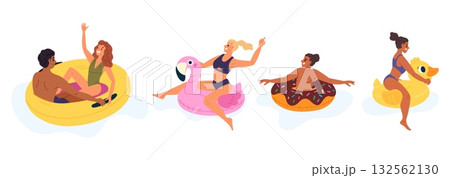Young men and women float on inflatable rings in sea or river. Swimming pool fun. Beach party. People swim with lifebuoys. Inflated duck and flamingo. Summer vacation. Vector isolated set 132562130