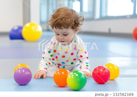 Young child practices fine motor skills with colorful balls in bright occupational therapy setting while being encouraged by a supportive therapist 132562169