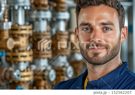 Complex industrial plumbing system installation featuring professional worker in uniform with detailed network of metal pipes and valves in a well-lit environment 132562207