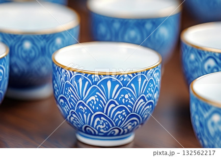 Intricate blue porcelain tea cups arranged elegantly on a wooden surface illuminated by soft golden light Intricate blue porcelain tea cups arranged elegantly on a wooden surface illuminated by soft golden light 132562217