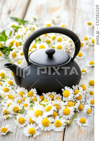 Rustic black teapot surrounded by dried chamomile flowers on weathered wooden surface for a calm and aromatic atmosphere 132562220