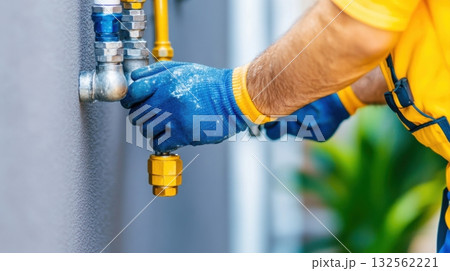 Close-up of plumber installing a water meter with specialized tools in a residential setting during bright daylight 132562221