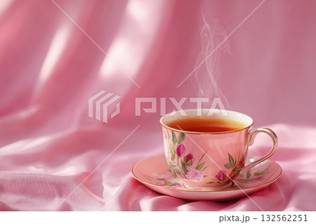 Steaming cup of rose tea on a pink silk table, showcasing delicate floral design and inviting warmth, perfect for relaxation and aesthetic enjoyment Steaming cup of rose tea on a pink silk table, showcasing delicate floral design and inviting warmth, perfect for relaxation and aesthetic enjoyment 132562251