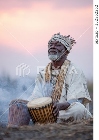 African elder performing a spiritual ritual, seated with traditional drums, surrounded by smoke and nature, capturing the essence of cultural heritage and spiritual connection African elder performing a spiritual ritual, seated with traditional drums, surrounded by smoke and nature, capturing the essence of cultural heritage and spiritual connection 132562252