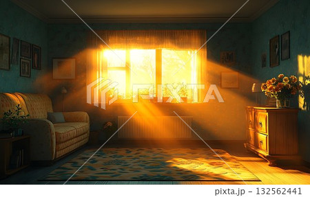 Warm sunlight streaming through living room window Warm sunlight streaming through living room window 132562441