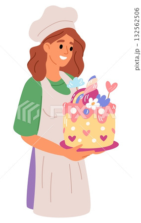 Cheerful chef in uniform holds birthday cake. Girl cooking sweets for holiday. Woman cook with baked dessert. Confectionery preparing. Chocolate glazing. Celebration food. Vector concept Cheerful chef in uniform holds birthday cake. Girl cooking sweets for holiday. Woman cook with baked dessert. Confectionery preparing. Chocolate glazing. Celebration food. Vector concept 132562506