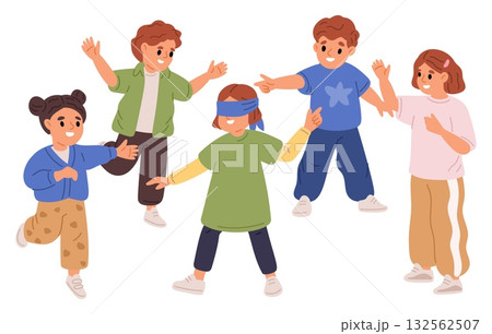 Cheerful little boys and girls play active games while blindfolded. Children group. Sightless friends search. Blind challenge. Preschool kids. Hide-and-seek at playground. Vector concept 132562507