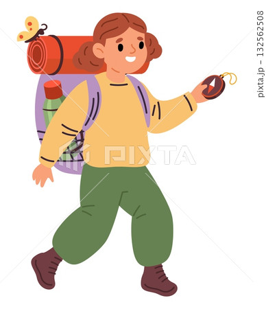Cheerful little girl scout with backpack and compass goes on nature. Hiking travel. Young explorer. Isolated person walking with rucksack. Adventure journey in wilderness. Vector concept 132562508