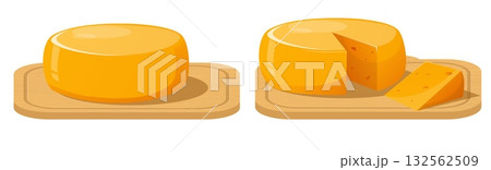 Cheese heads on wooden cutting board. Whole and with piece cutoff. Dairy food. Gourmet product. Cheddar or parmesan appetizer on timber desk. Calcium snack. Vector isolated objects set 132562509