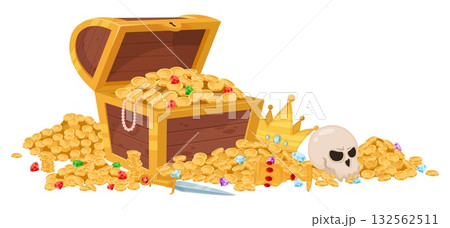 Chest containing jewels. Wooden medieval box with gold coins and precious gems. Rubies and diamonds. skull in pirate treasure heap. Crown and dagger. Filibuster jewelry. Vector concept 132562511