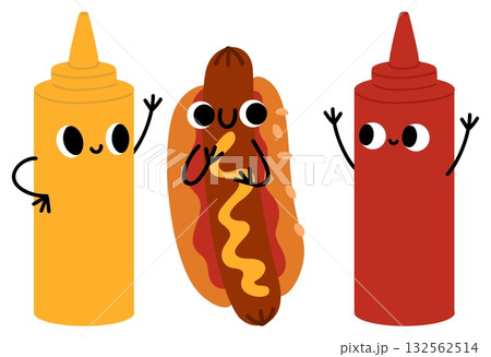 Cute cartoon hot dogs, ketchup and mustard. Stylized as fun food characters. Sauce bottle with eyes and hands. Happy burger. Chili seasoning. Smiling face. Vector fastfood mascots set 132562514