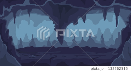 Dark cave with stalactites and stone walls. Gloomy underground chamber inside mountain. Mysterious tunnel. Cavern empty landscape. Rock hole indoor. Sharp stalagmite. Vector background Dark cave with stalactites and stone walls. Gloomy underground chamber inside mountain. Mysterious tunnel. Cavern empty landscape. Rock hole indoor. Sharp stalagmite. Vector background 132562516