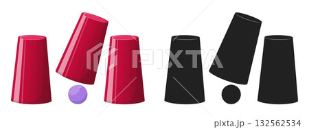 Gambling game with cups. Three glasses and small ball. Black silhouette. Gamble trick. Thimble fun choice. Lottery playing. Win selection. Risk forecasting. Vector isolated objects set Gambling game with cups. Three glasses and small ball. Black silhouette. Gamble trick. Thimble fun choice. Lottery playing. Win selection. Risk forecasting. Vector isolated objects set 132562534