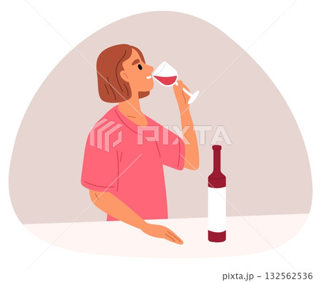 Girl drinks red wine from glass. Woman enjoys alcoholic beverage. Female holding wineglass at bar counter. Unhealthy habit and addiction. Attractive lady. Champagne cup. Vector concept Girl drinks red wine from glass. Woman enjoys alcoholic beverage. Female holding wineglass at bar counter. Unhealthy habit and addiction. Attractive lady. Champagne cup. Vector concept 132562536