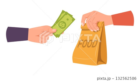 Hand holding paper bag with food and money. Delivery man takes order to customer. Seller and buyer financial transaction. Consumer paying dollar cash for lunch. Cashier arm. Vector concept 132562586