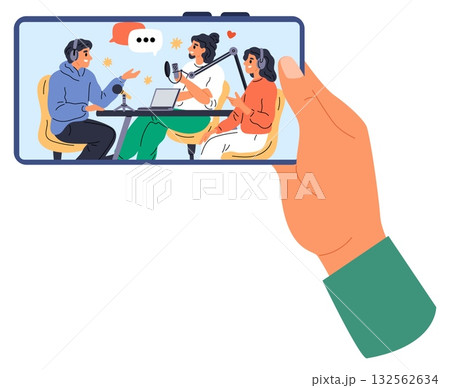 Hand holding smartphone with podcast. News or online show on screen. Watching videos online at display. Mobile digital broadcast. Live streaming vlog. Social media interview. Vector concept Hand holding smartphone with podcast. News or online show on screen. Watching videos online at display. Mobile digital broadcast. Live streaming vlog. Social media interview. Vector concept 132562634