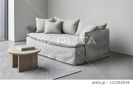 Modern minimalist grey linen sofa interior design 132562636