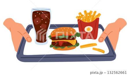 Hands holding tray of food. Burger and fries eating. Soda drink. Arms carrying junk hamburger, fried potato and cola glass. Unhealthy fat meal calories. Fastfood order. Vector concept Hands holding tray of food. Burger and fries eating. Soda drink. Arms carrying junk hamburger, fried potato and cola glass. Unhealthy fat meal calories. Fastfood order. Vector concept 132562661