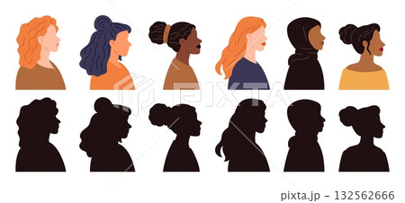 Multinational women faces. Different girls heads side view. Black silhouettes. Femininity diversity. Stylish haircuts. Caucasian and African female portraits. Vector set of facial profiles 132562666
