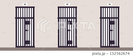 Prison corridor with grated cell doors and rooms above them. Jail interior. Closed metal doorway. Prisoner punishment. Steel cage with gate locks. Jailhouse imprisonment. Vector background 132562674