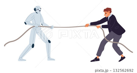 Robot engages in tug of war with human. Man and artificial intelligence competition. Businessman against AI. Business confrontation. Android and employee pulling rope. Vector concept Robot engages in tug of war with human. Man and artificial intelligence competition. Businessman against AI. Business confrontation. Android and employee pulling rope. Vector concept 132562692