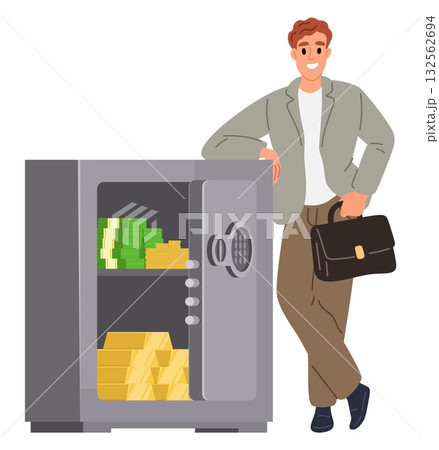 Successful businessman standing next to open safe full of gold bars, stacks of paper money and gold coins. Financial savings. Wealth in strongbox deposit. Investment success. Vector concept 132562694