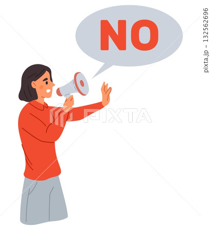 Woman with megaphone in her hand says no. Girl shows her hand with refusal symbol. Stop gesture. Speaking through loudspeaker. Negative reaction. Denial expression signal. Vector concept 132562696