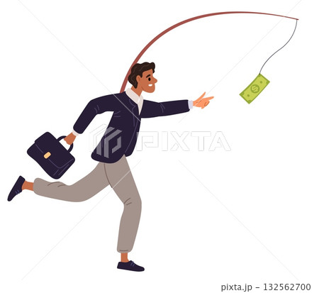 Young businessman runs after unattainable money. Lusting for financial profits. Man running for bait. Economy fraud and deceit. Dollar at fishing rod. Motivation incentive. Vector concept 132562700