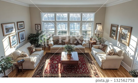 Bright living room interior with cream sofas and red rug Bright living room interior with cream sofas and red rug 132562758