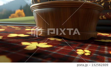 Wooden bowl on ornate textile background 132562809