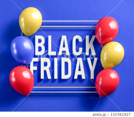 Black Friday banner with "BLACK FRIDAY" text in white 3D letters on a blue textured background, framed by yellow and white lines 132562927