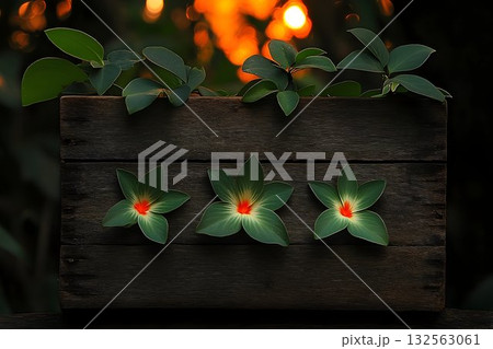 Green flowers on dark wooden crate sunset background 132563061