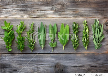 Fresh herbs assortment on rustic wood background culinary photography 132563062