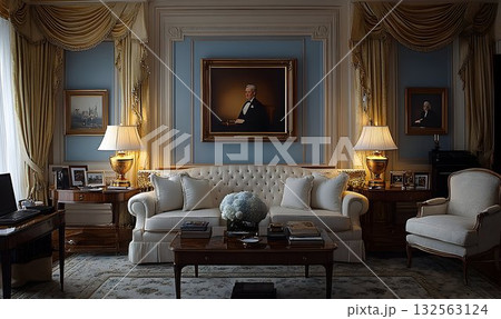 Elegant living room interior design with classic furniture and warm lighting Elegant living room interior design with classic furniture and warm lighting 132563124