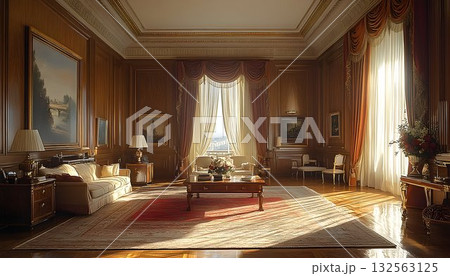 Elegant living room interior design sunlight wooden walls classic style Elegant living room interior design sunlight wooden walls classic style 132563125