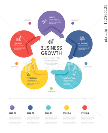 5 Elements Pentagon Arrow Flat infographic template in vertical row. Concept of success steps of project development process for business vector. 132563129