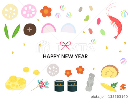 おせち料理のアイコンイラストセット　年賀状イラスト素材　和食 132563140