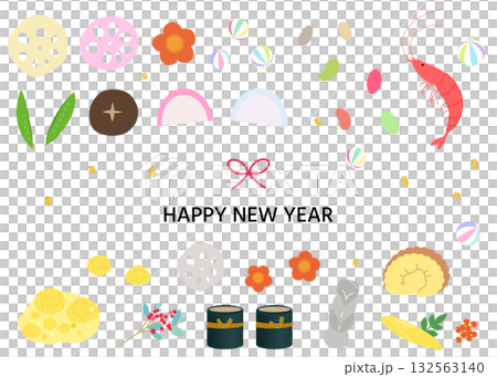 おせち料理のアイコンイラストセット　年賀状イラスト素材　和食 132563140