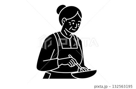 家庭料理を作る高齢女性のモノクロ線画イラストアイコン 家庭料理を作る高齢女性のモノクロ線画イラストアイコン 132563195