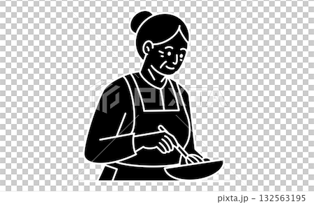 家庭料理を作る高齢女性のモノクロ線画イラストアイコン 家庭料理を作る高齢女性のモノクロ線画イラストアイコン 132563195