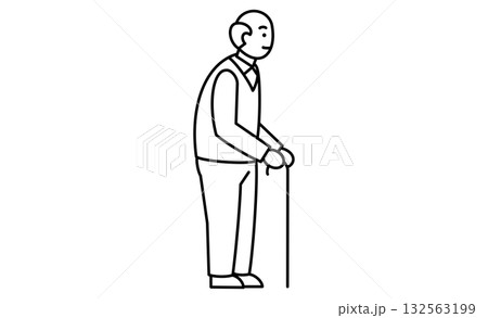 杖をつく高齢男性の線画イラストアイコン 132563199