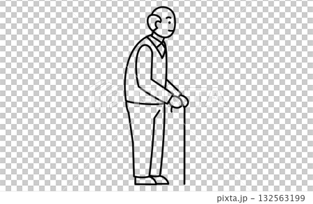 杖をつく高齢男性の線画イラストアイコン 132563199