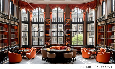 Luxurious library interior with large windows and orange armchairs Luxurious library interior with large windows and orange armchairs 132563294