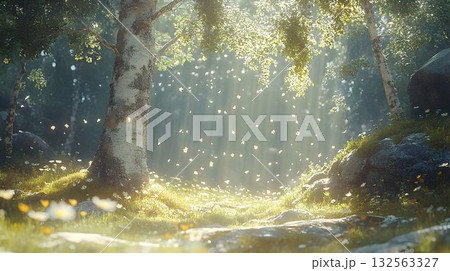 Sunlit forest path magical nature scene dreamy woodland illustration Sunlit forest path magical nature scene dreamy woodland illustration 132563327