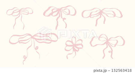 Whimsical ribbon and bow set drawn in coquette retro doodle style with pink and red accents. Cute vintage vector collection perfect for invitation card decoration or girl party design. Whimsical ribbon and bow set drawn in coquette retro doodle style with pink and red accents. Cute vintage vector collection perfect for invitation card decoration or girl party design. 132563418