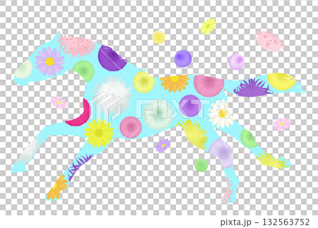 Illustration of a running horse and chrysanthemums 132563752