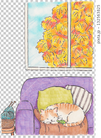 Illustration of autumn leaves outside the window and a cat taking a nap 132563825