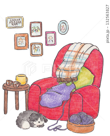 編み物の途中と犬のイラスト 132563827